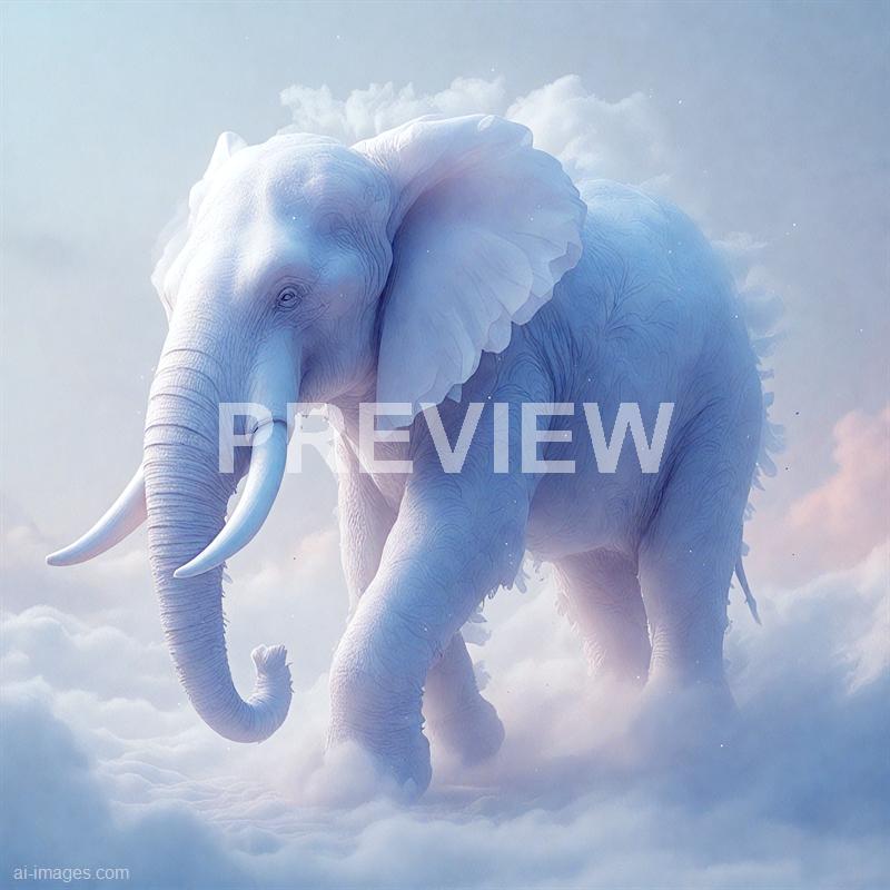 The image depicts a majestic, ethereal elephant with a soft, glowing appearance, seemingly floating above a cloud-filled sky. Its skin has a delicate, almost translucent quality with intricate line details, and its large ears resemble flower petals, adding to its mystical aura. The background features a serene, pastel-colored sky with fluffy clouds, enhancing the dreamlike and fantastical ambiance of the scene.